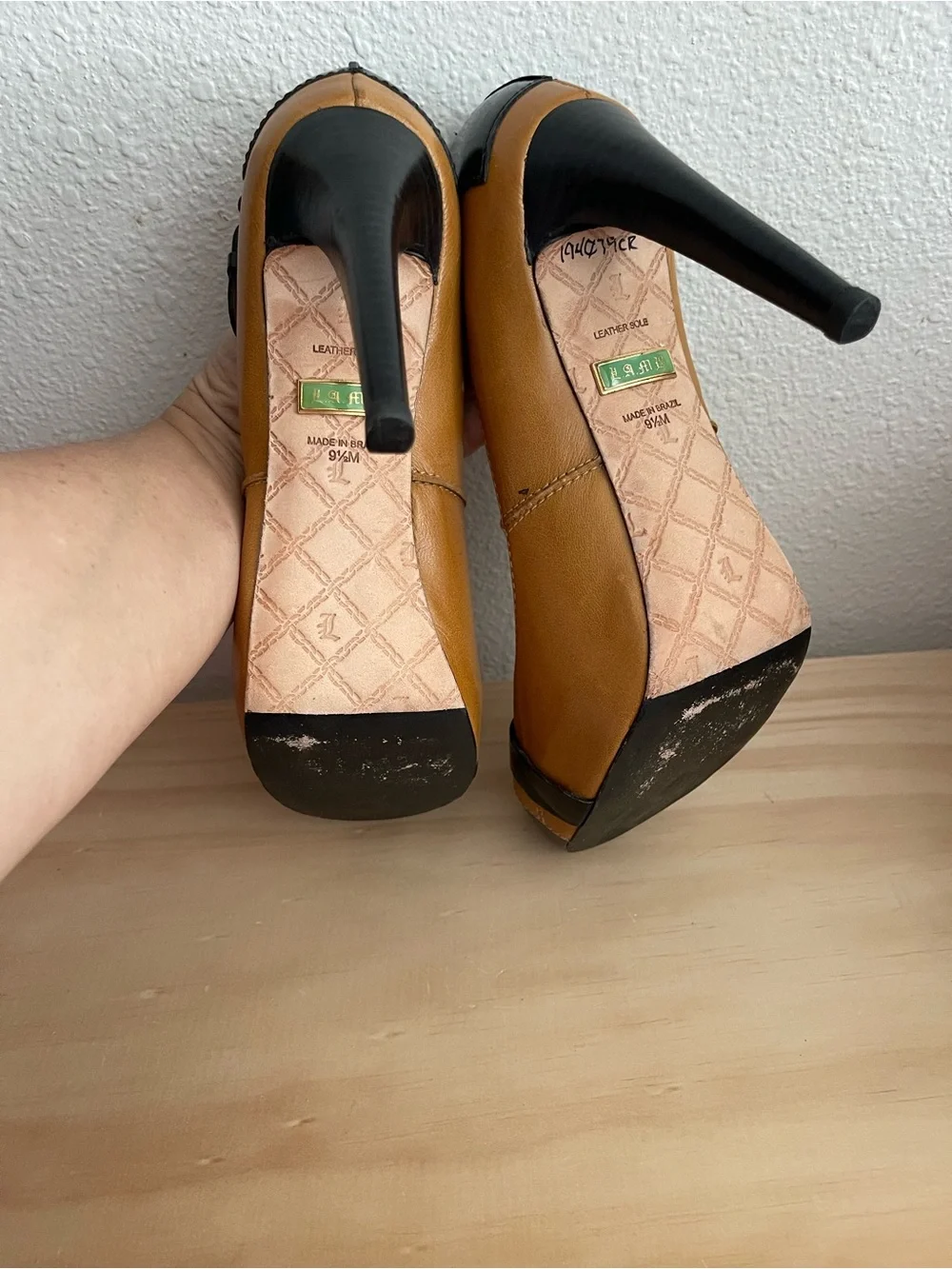 L.A.M.B. Tan and Black Patent Cap-Toe Stiletto Pumps